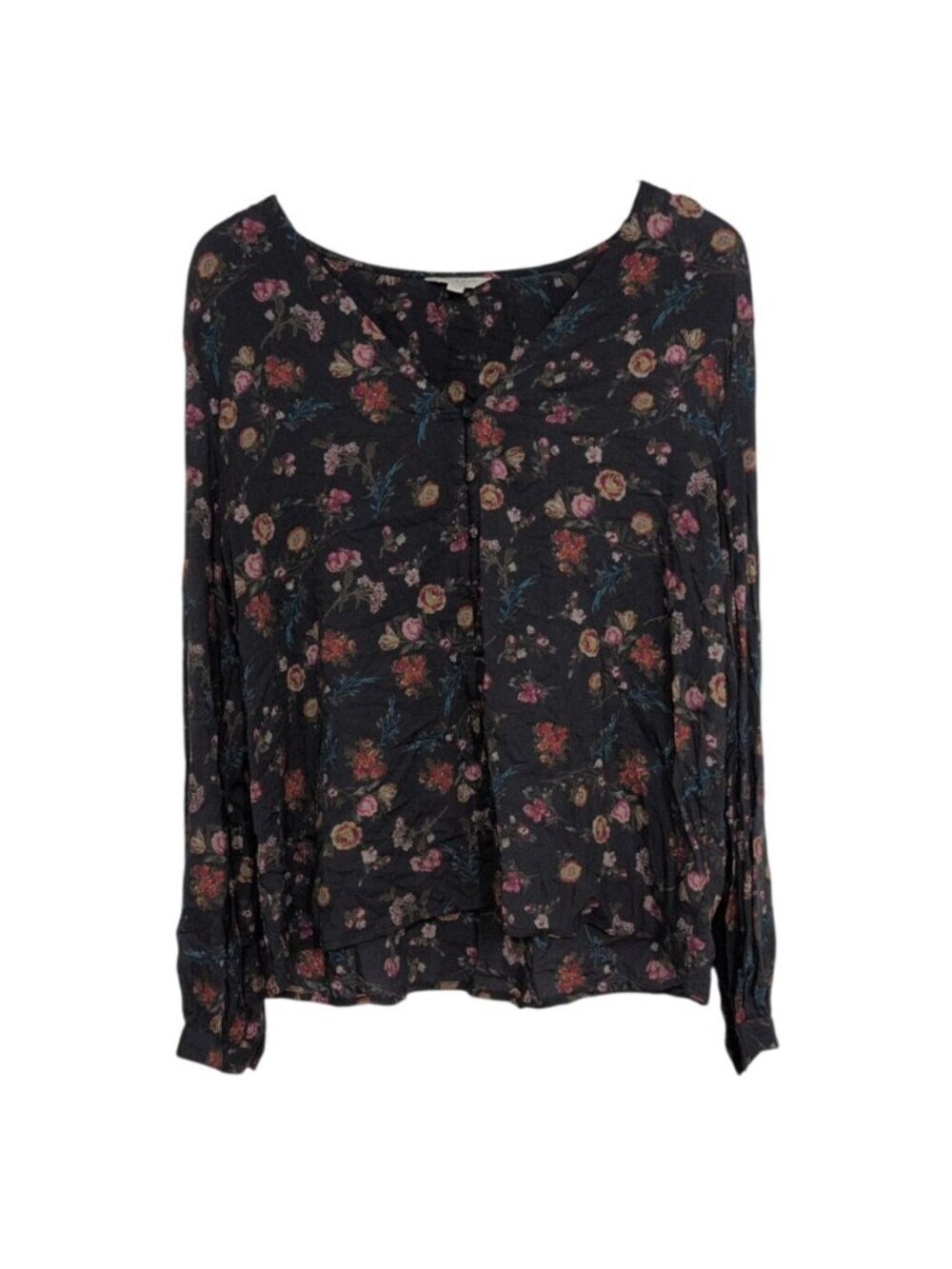 Lucky Brand Floral Shirt Womens Size XL Gray Peasant Boho V Neck Long Sleeve